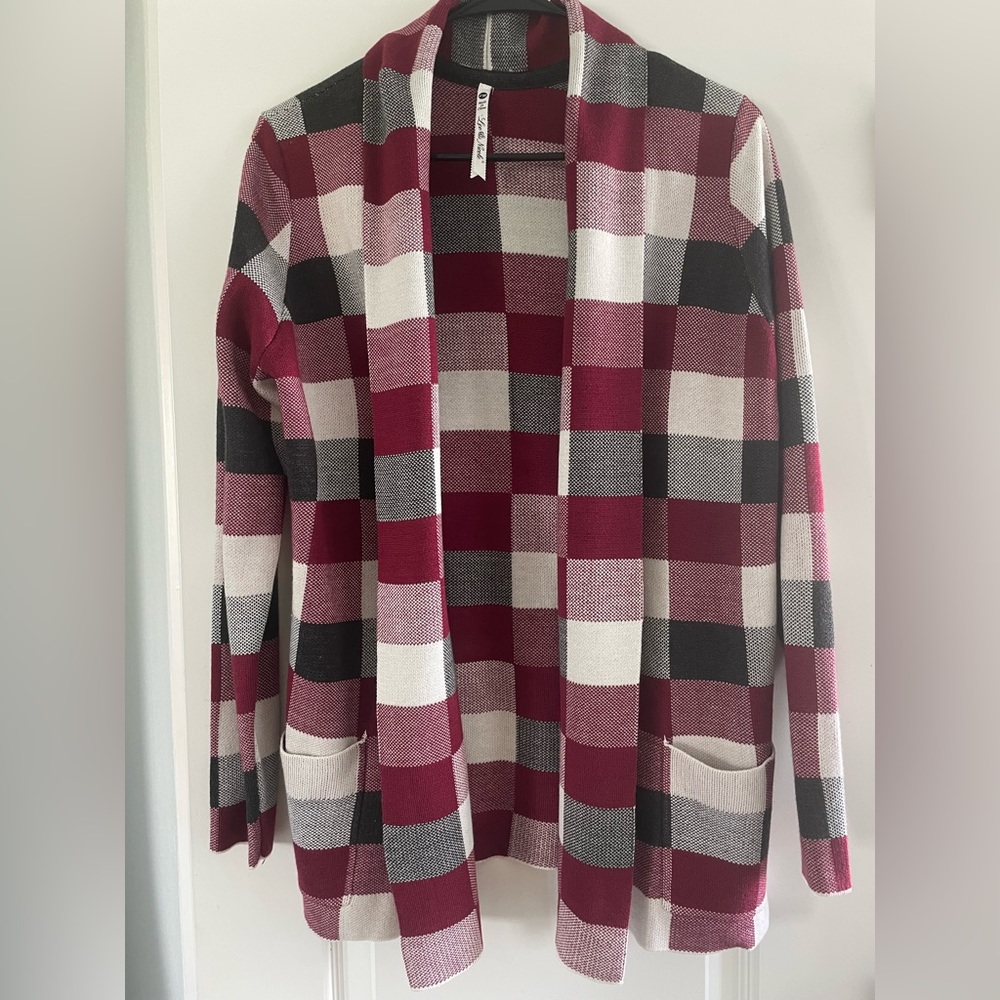 Leo & Nicole Open Front Plaid Cardigan - Burgundy- Size M